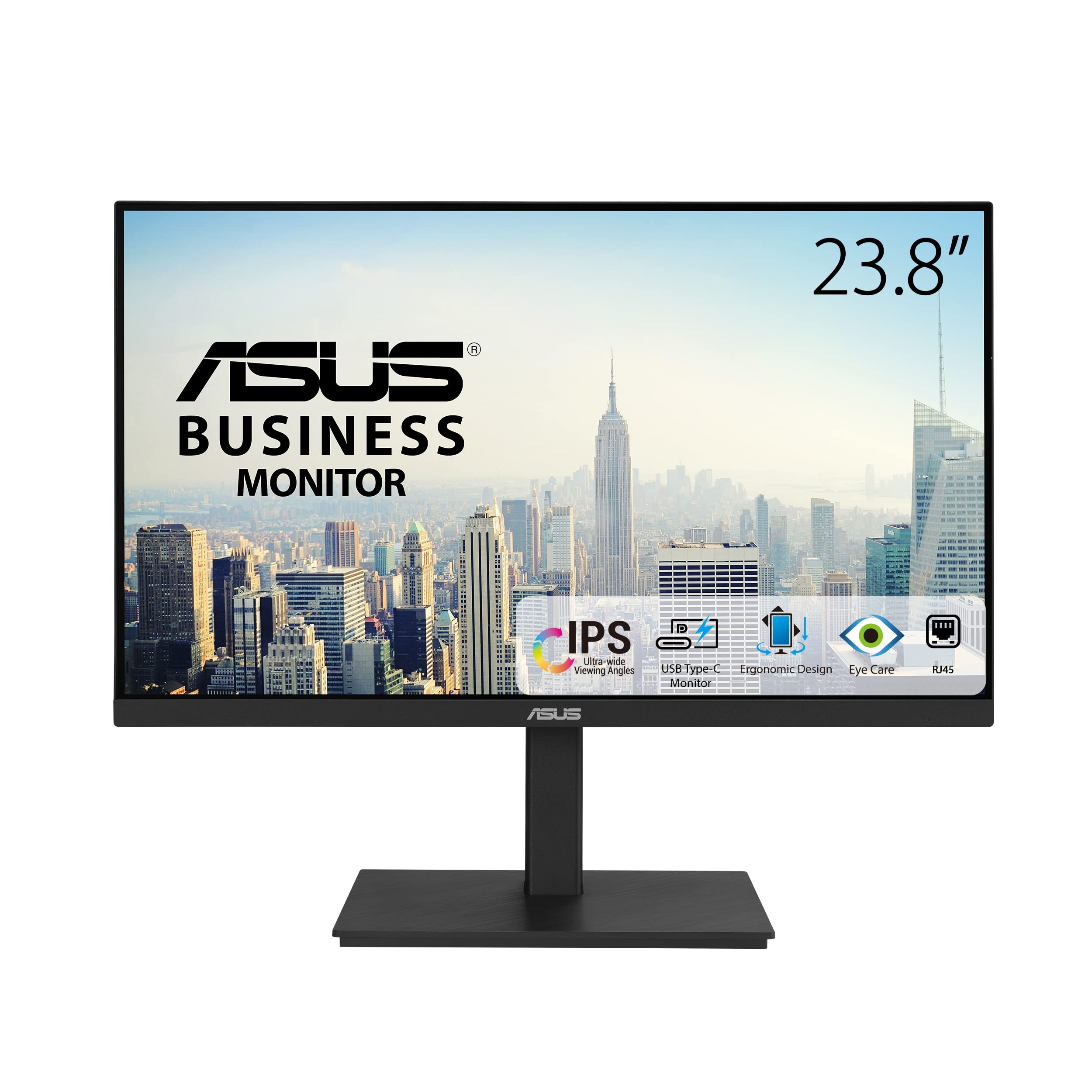 ASUS 23.8” 1080P Docking Monitor (VA24ECPSN) - Full HD, IPS, 75Hz, Adaptive-Sync, Speakers, Eye Care, Low Blue Light, Flicker Free, USB-C, RJ45, HDMI, Frameless, Height Adjustment, VESA Wall Mountable