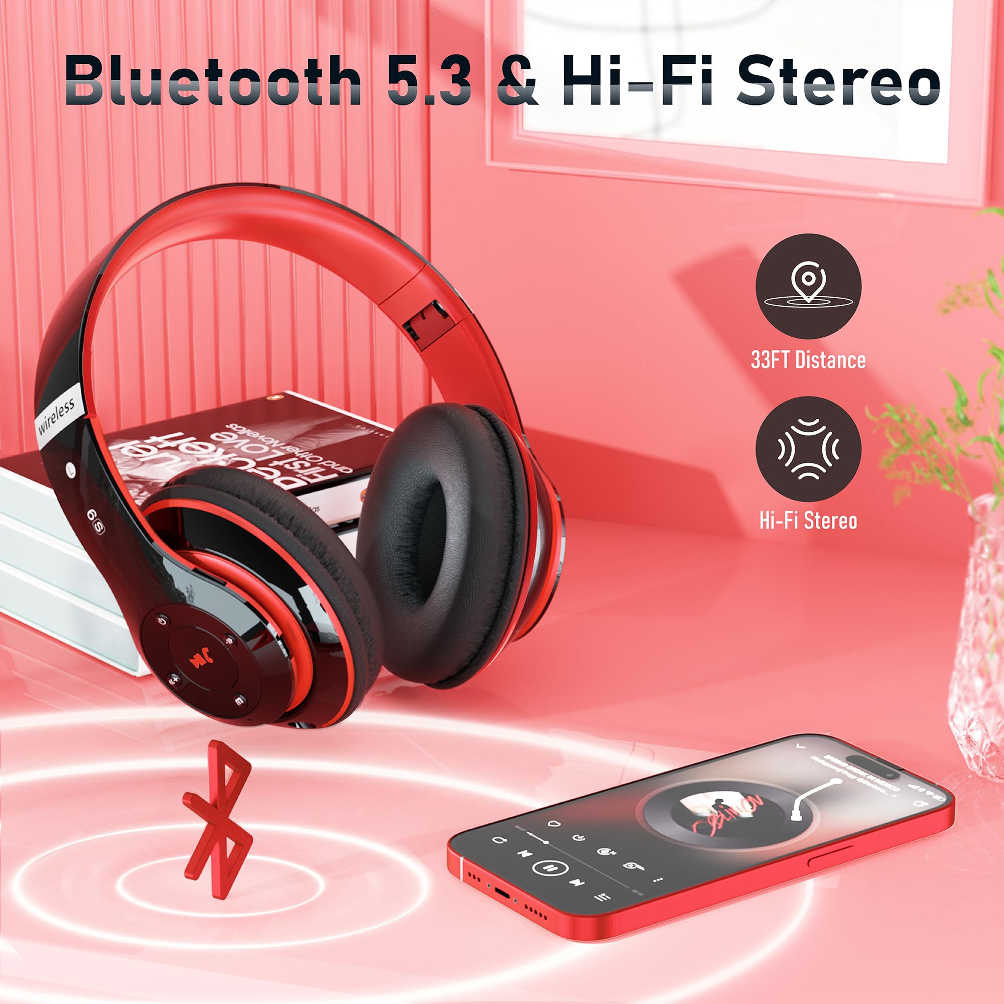 Bluetooth Headphones Over Ear, 6S Foldable Wireless Headphones with 6 EQ Modes, 40 Hours Playtime HiFi Stereo Headset with Mic, Soft Ear Pads, TF/FM for Cellphone/PC/Home (Black & Red)