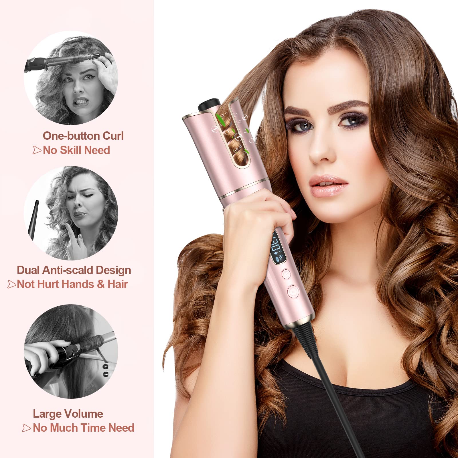 Automatic Curling Iron, Auto Hair Curler Wand with Large Rotating Barrel & 4 Temps & 3 Timers, Large Display Curling Iron with Dual Voltage, Auto Shut-Off, Fast Heating for Hair Styling