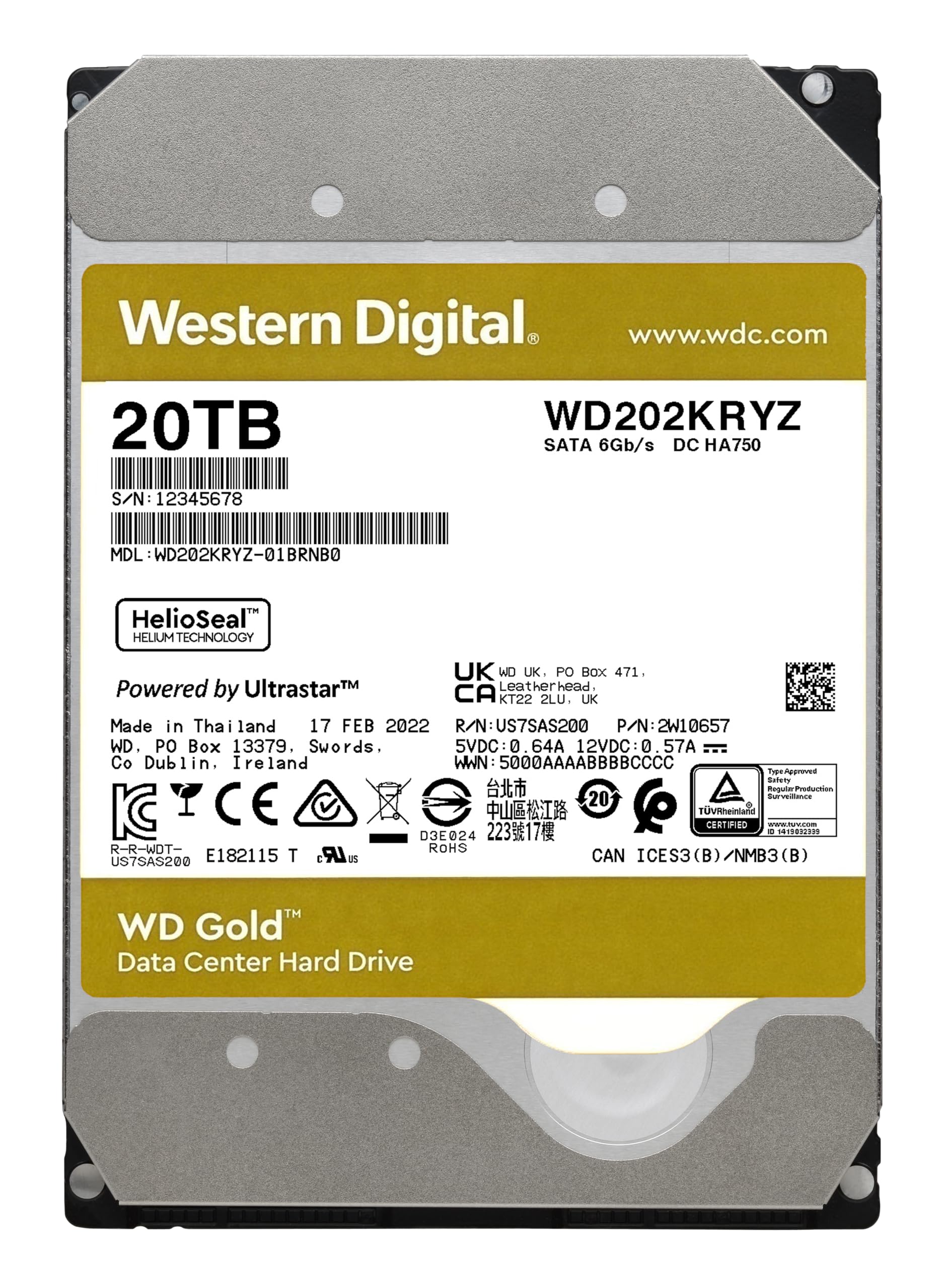 Western Digital 20TB WD Gold Enterprise Class SATA Internal Hard Drive HDD - 7200 RPM, SATA 6 Gb/s, 512 MB Cache, 3.5" - WD202KRYZ