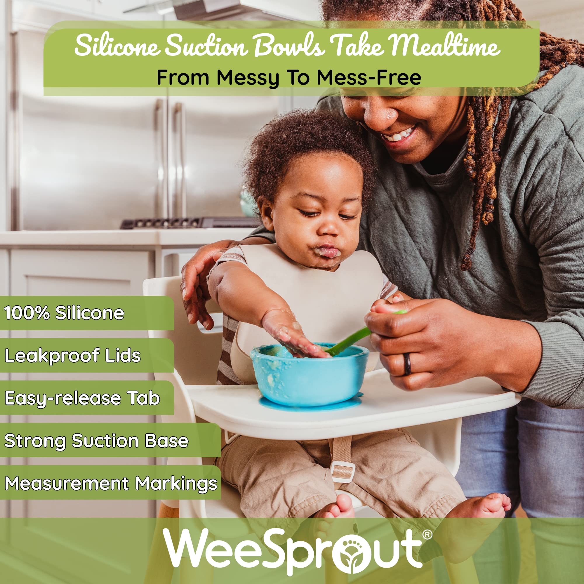 WeeSprout Suction Bowls for Baby & Toddlers (Set of 2) - 100% Silicone w/Plastic Lid - Leak Proof Feeding Supplies - Dishwasher & Microwave Safe Infant Dinnerware w/Extra Strong Base