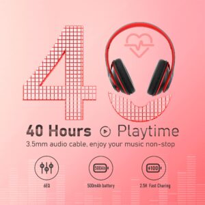 Bluetooth Headphones Over Ear, 6S Foldable Wireless Headphones with 6 EQ Modes, 40 Hours Playtime HiFi Stereo Headset with Mic, Soft Ear Pads, TF/FM for Cellphone/PC/Home (Black & Red)