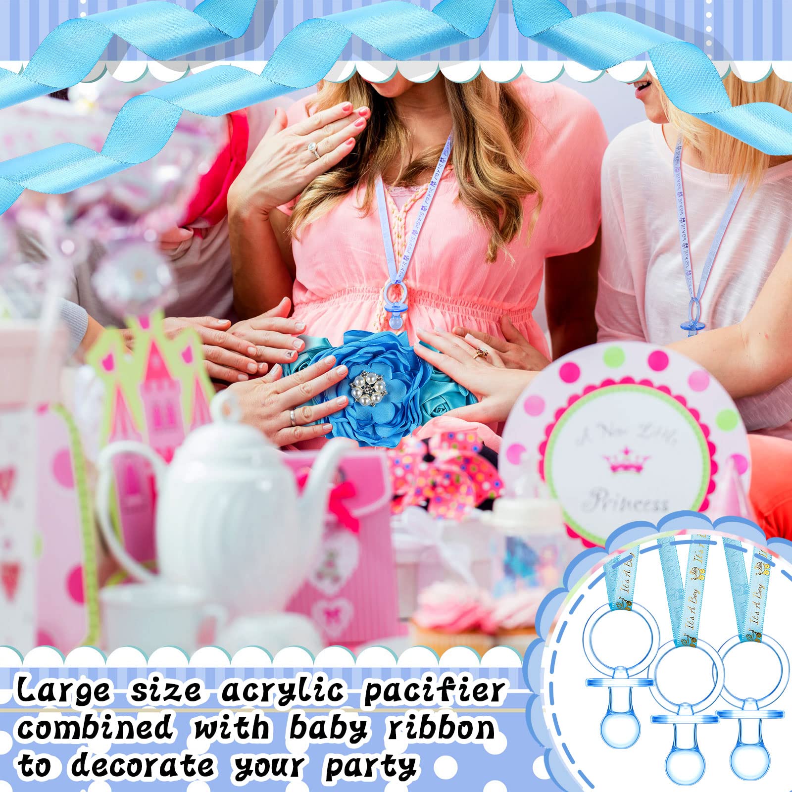 53 Pcs Baby Shower Favors for Boy Maternity Flower Sash Belt Blue Large Acrylic Pacifier Mom to Be Dad to Be Badge Pin It's a Boy Ribbon for Boy Baby Shower Gender Reveal Pregnancy Wedding