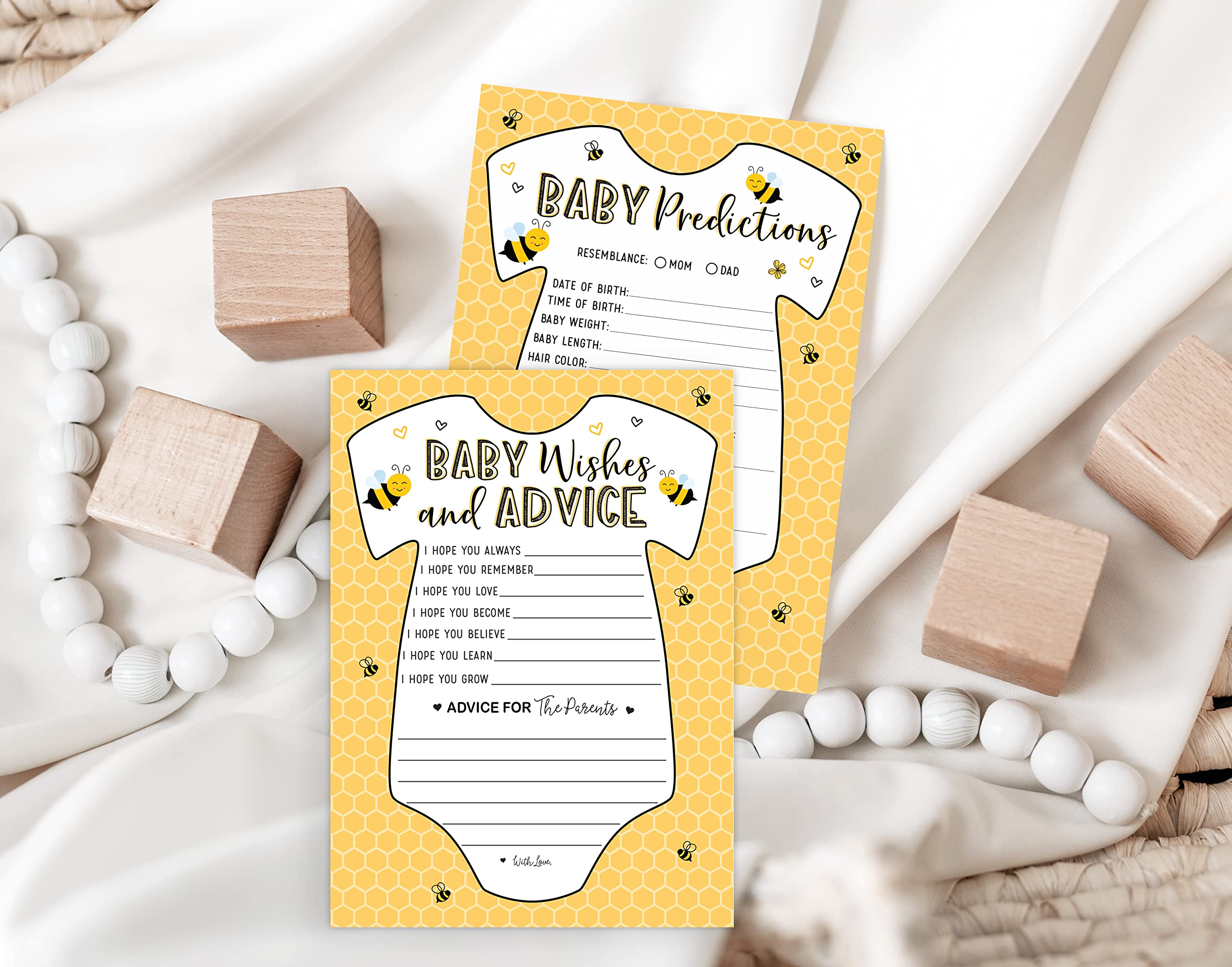 Your Main Event Prints Baby Shower Games Advice, Wishes, and Prediction Cards (Neutral Bee Yellow) - 50 Pack Gender-Neutral Baby Shower Activity for Guests