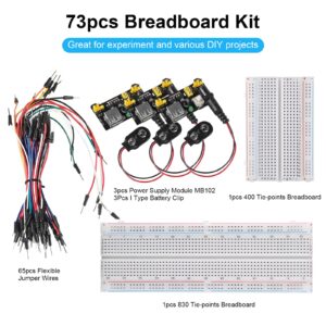 AITIAO Breadboard Kit with 1Pcs 830 & 400 Tie-Points Breadboard 65Pcs Breadboard Jumper Wires 3Pcs Power Supply Module MB 102(5V/3V) 3Pcs I Type Battery Clip