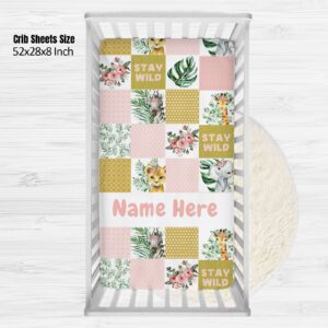 Personalized Zoo Animals Baby Crib Sheets with Name, Custom Fitted Crib Bedding Sheets for Baby Girls, Baby Bedding Sets, Crib Mattress Sheets, Mini Crib Sheet, Name Crib Sheets, Pack and Play Sheets