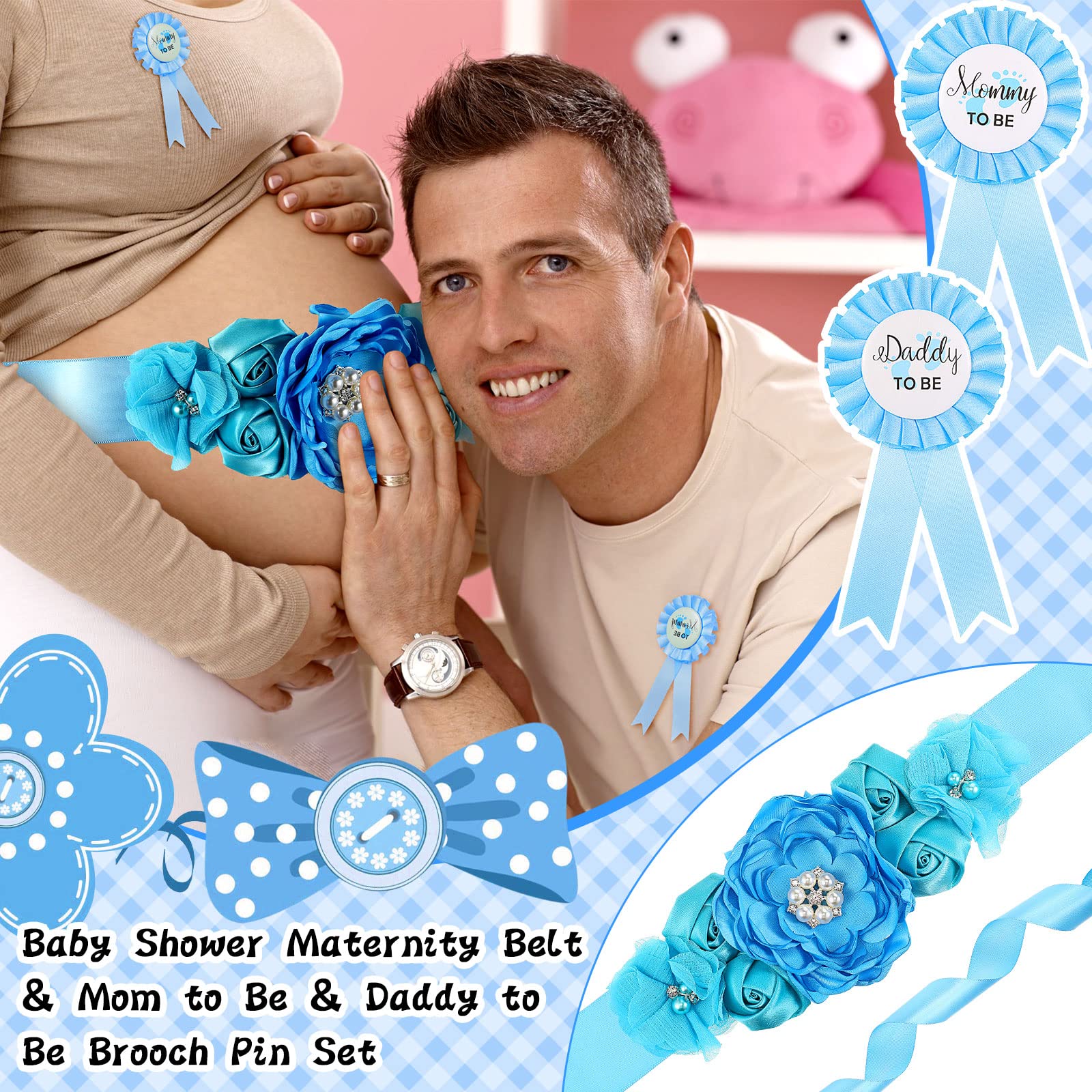 53 Pcs Baby Shower Favors for Boy Maternity Flower Sash Belt Blue Large Acrylic Pacifier Mom to Be Dad to Be Badge Pin It's a Boy Ribbon for Boy Baby Shower Gender Reveal Pregnancy Wedding