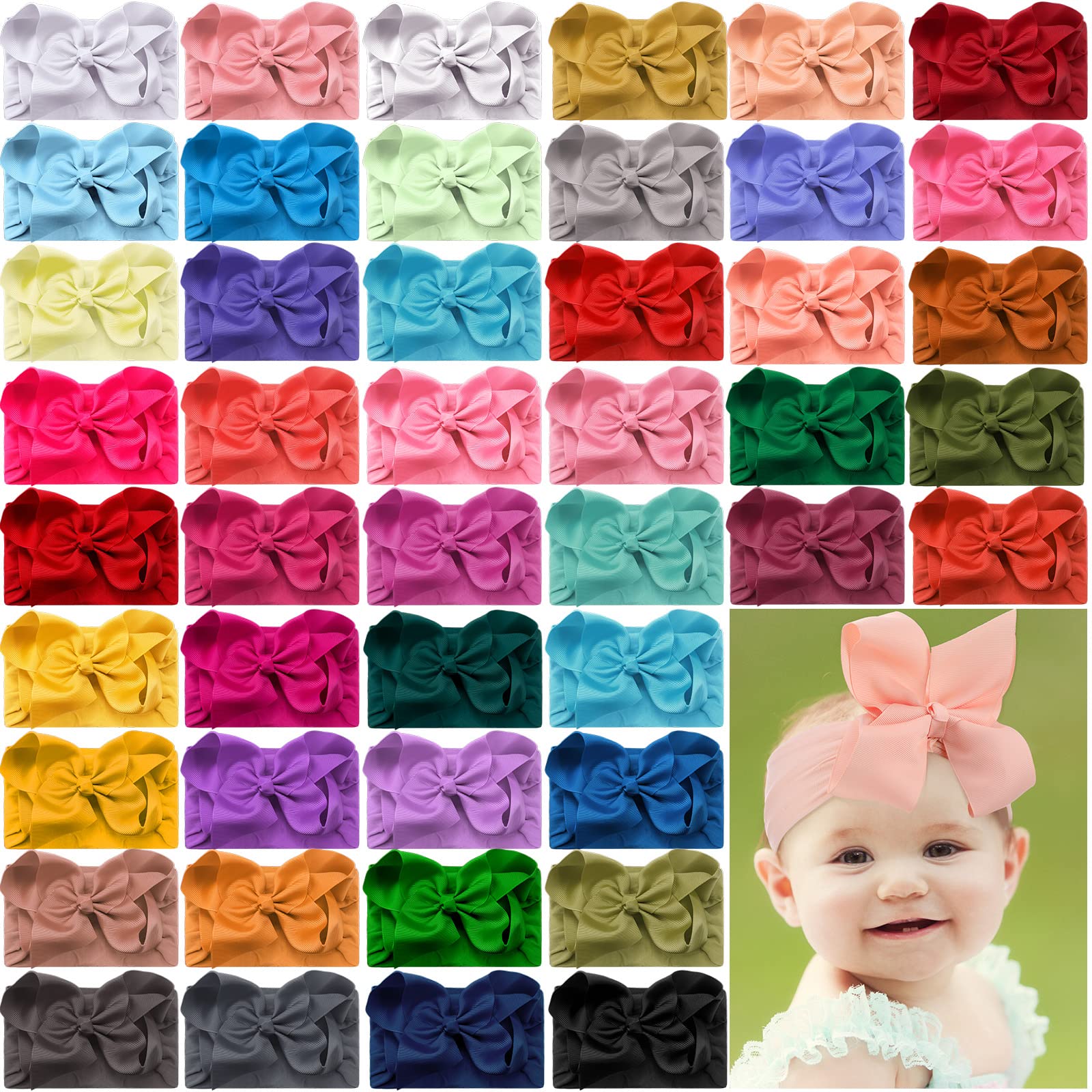 Hoteam 50 Pcs Baby Girls Large Bows Headbands 6.3 Inch Soft Wide Turban Baby Headbands Elastic Nylon Hairbands Hair Accessories for Infants Newborns Infants Toddlers Kids