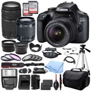 canon eos 4000d rebel t100 dslr camera with ef-s 18-55mm dc iii & 75-300mm iii lenses & deluxe accessory bundle – includes: 2x sandisk ultra 128gb sdhc memory card, spare battery & more (renewed)