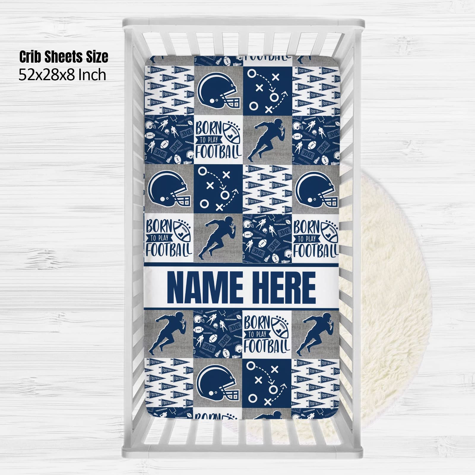 Personalized Football Theme Baby Crib Sheets with Name, Custom Rugby Sports Fitted Crib Bedding Sheets for Baby Boys, Baby Bedding Sets, Crib Mattress Sheets, Mini Crib Sheet | Name Crib Sheets