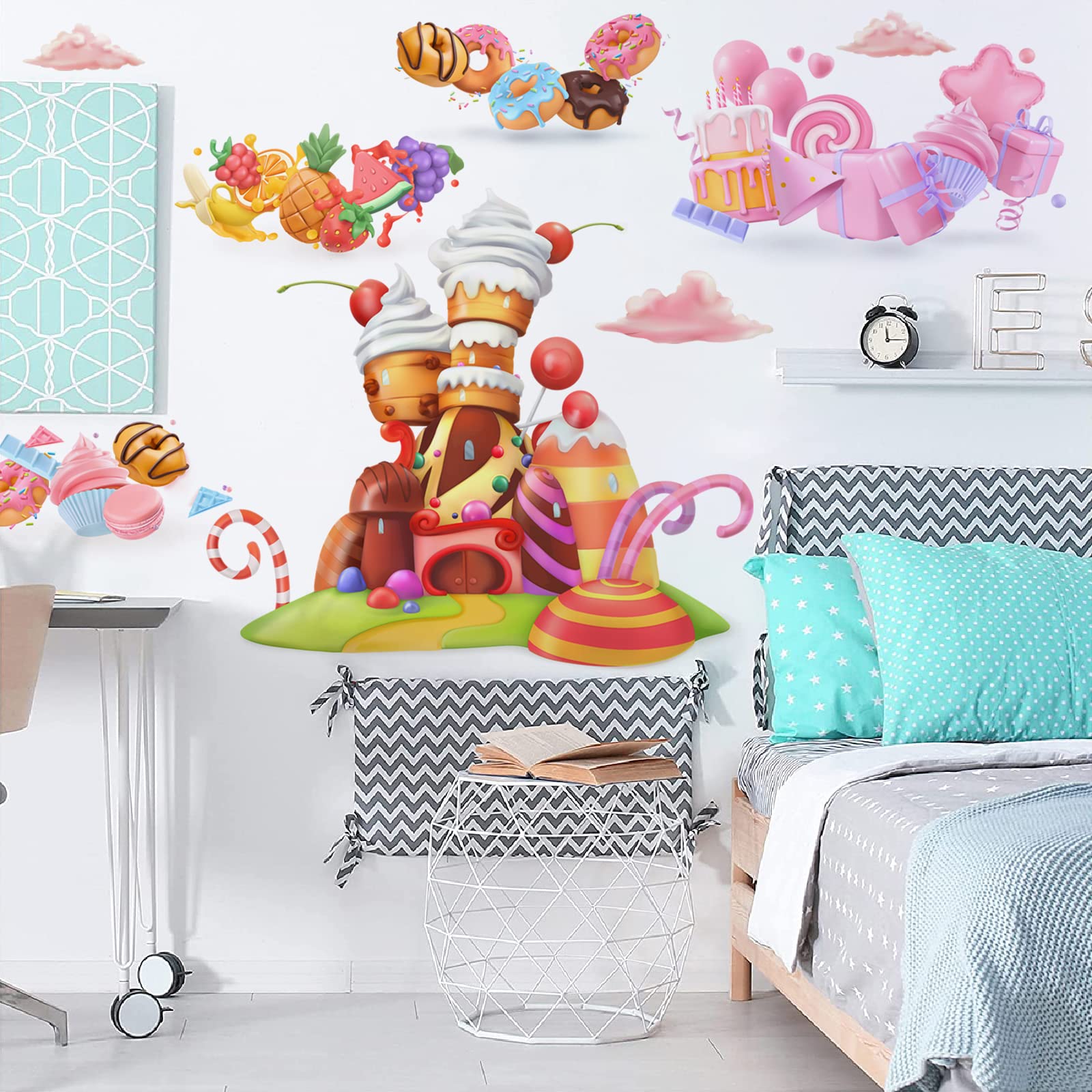 Ice Cream Candy Wall Stickers Castle Cake Wall Decals Removable Xmas Candy and Fruit Party Decor for Nursery Kids Room Decoration