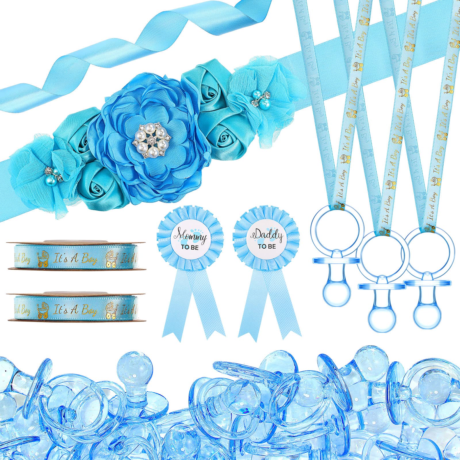 53 Pcs Baby Shower Favors for Boy Maternity Flower Sash Belt Blue Large Acrylic Pacifier Mom to Be Dad to Be Badge Pin It's a Boy Ribbon for Boy Baby Shower Gender Reveal Pregnancy Wedding