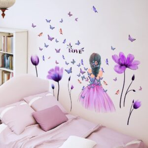 huanle tulip flower wall decals color butterfly beautiful girl room decor flower fairy wall murals girl art wall stickeers for nursery bedroom living room tv background girls kids birthday party favor