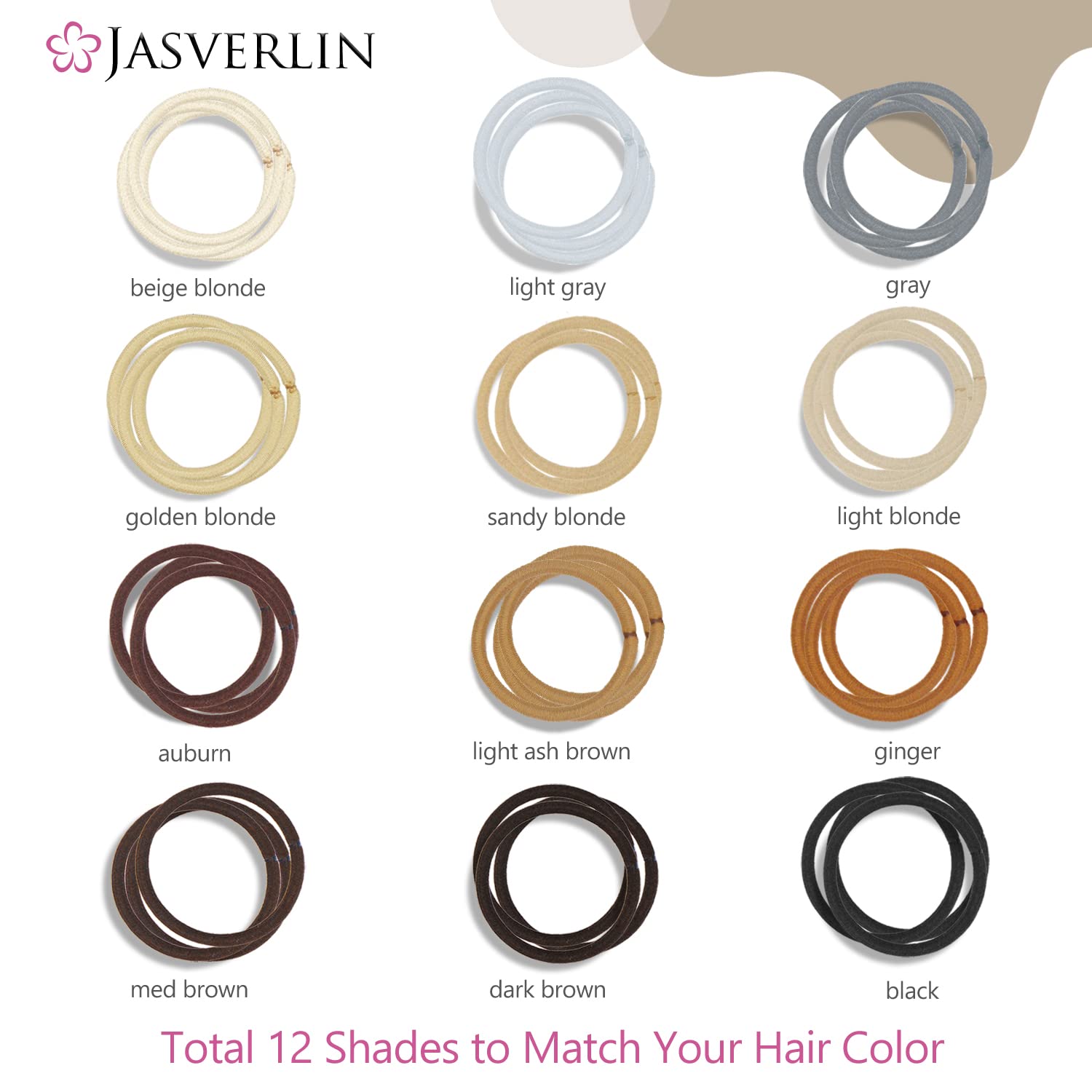 JASVERLIN Gray Hair Elastics Ties, No Metal Ponytail Holders for Women Girls Men Guys Thick Curly Hair Styling Accessories No Pull Damage Crease Breakage 50pcs (Gray)