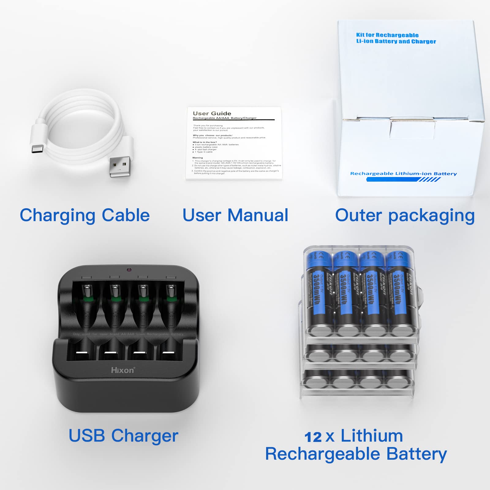 Hixon 1.5V Lithium Batteries AA Rechargeable,12-Pack 3500mWh High-Capacity Long-Lasting Double AA Li-ion Battery with Fast Charger,1600Cycle, Fits for Blink Camera VR/Xbox Gaming Controller.