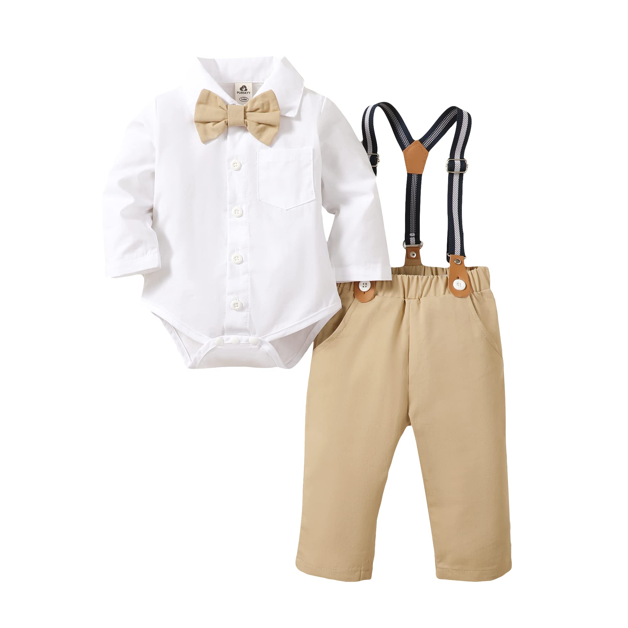 PURSKYY Baby Boy Dress Clothes 3-6 Months, Newborn Gentleman Outfit, Long Sleeves Shirt+ Bowtie+ Khaki Suspenders Pants, Fall Winter Infant Wedding Suit Set