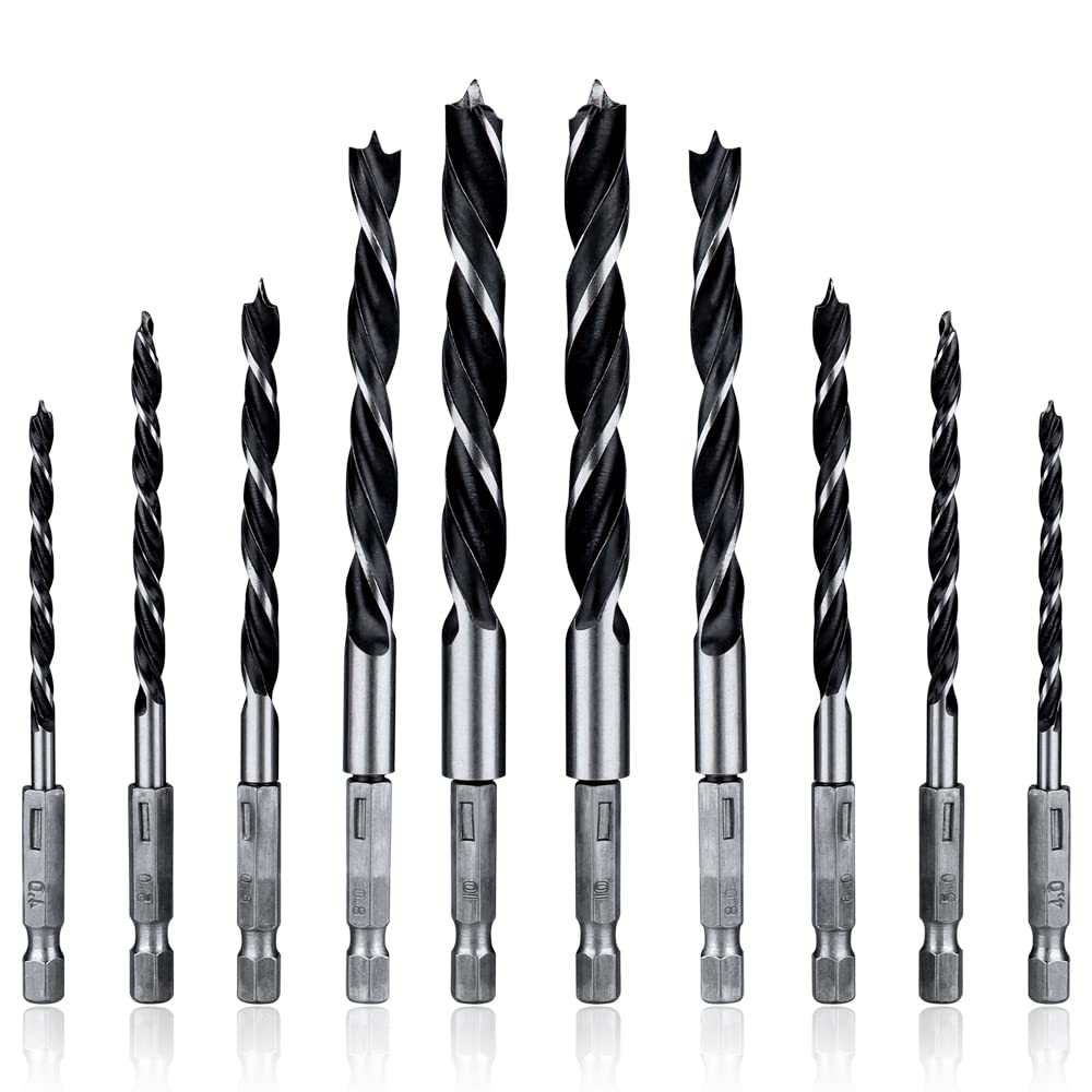 Mesee 10 Pieces HSS Brad Point Twist Drill Bits, 1/4 Inch Hex Shank Quick Change Twist Drill Bits Set for Woodworking Dowel Drilling - 4mm/ 5mm/ 6mm/ 8mm/ 10mm