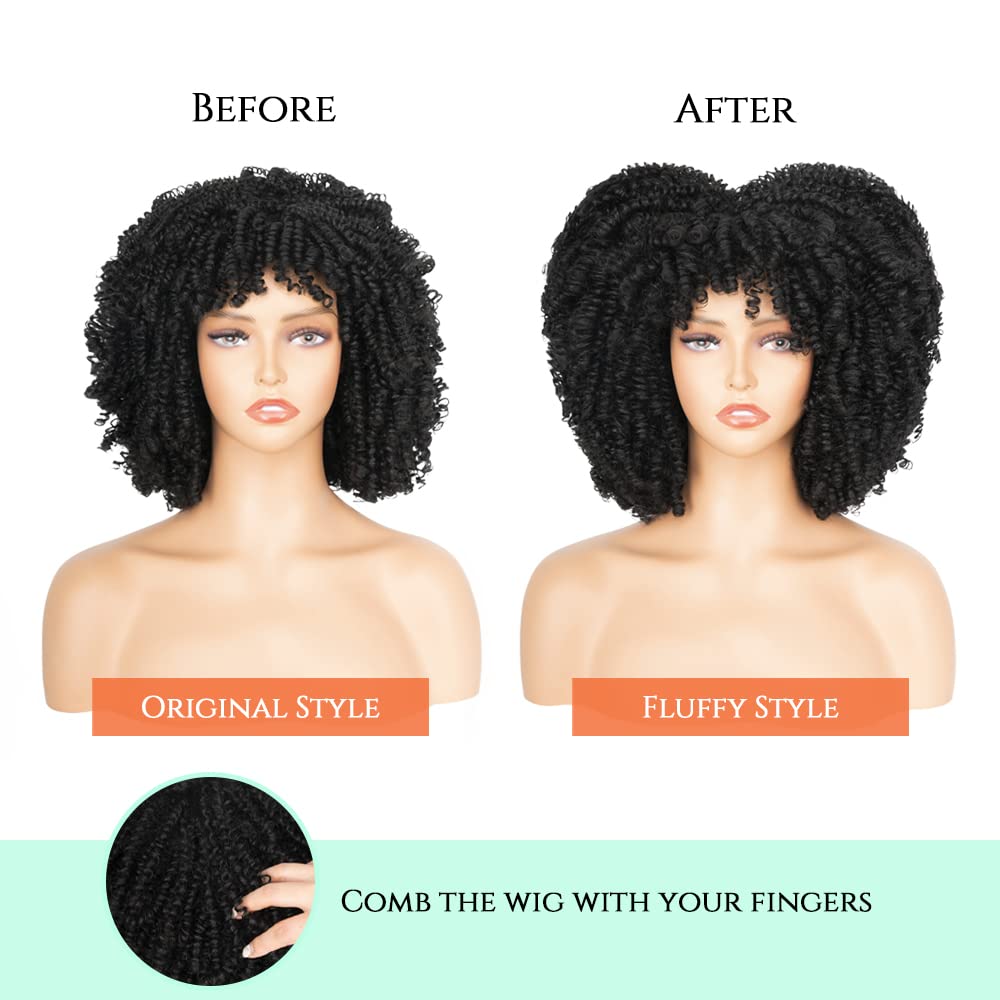 Aminow Afro Kinky Curly Wigs for Black Women Glueless Synthetic Short Curly Afro Wig with Bangs Natural Black 12 Inch