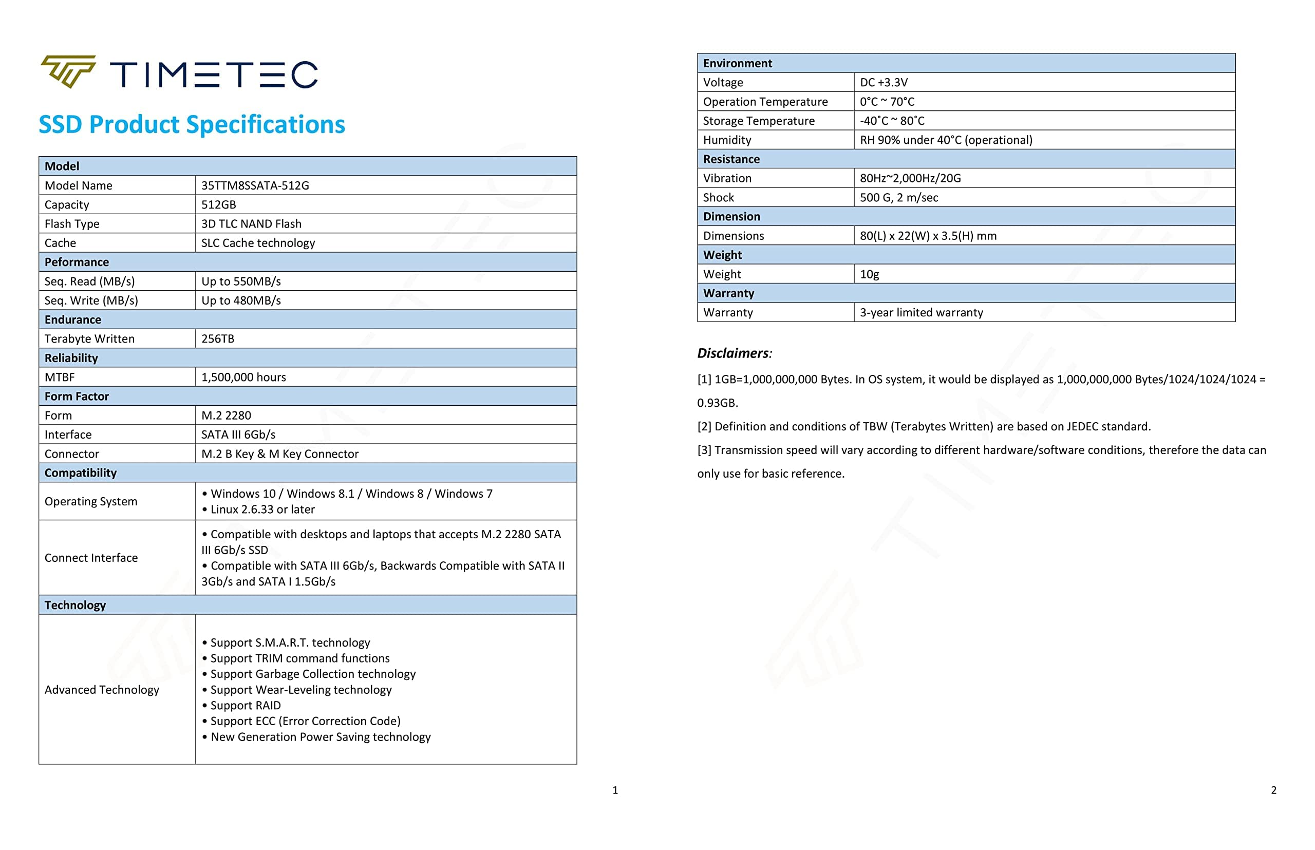 Timetec 512GBx2 (2 Pack) SSD 3D NAND SATA III 6Gb/s M.2 2280 NGFF 256TBW Read Speed Up to 550MB/s SLC Cache Performance Boost Internal Solid State Drive for PC Computer Laptop and Desktop