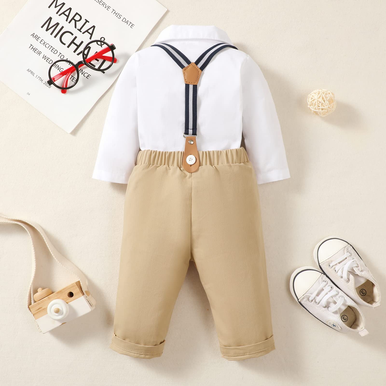 PURSKYY Baby Boy Dress Clothes 3-6 Months, Newborn Gentleman Outfit, Long Sleeves Shirt+ Bowtie+ Khaki Suspenders Pants, Fall Winter Infant Wedding Suit Set