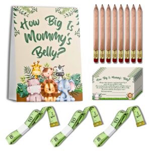 WillaBees Measure Mommys Belly Baby Shower Game How Big is Moms Belly? Game 62 Piece Safari Theme Baby Shower Bundle Include Sign 50 Playing Cards 8 Pencils 3 Baby Measuring Tape Baby Sprinkle