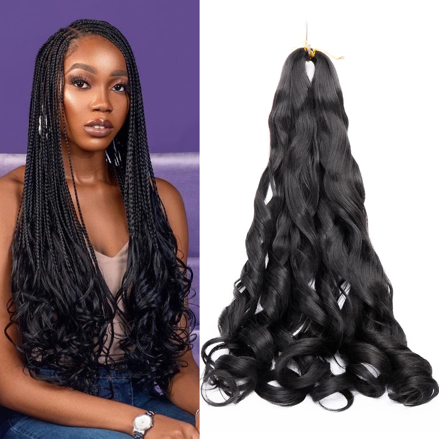 8 Packs French Curly Braiding Hair 24 Inch Loose Wave Spiral Curly Crochet Hair for Black Women Pre Stretched Braiding Hair with Curly Ends (24 Inch, 1B)