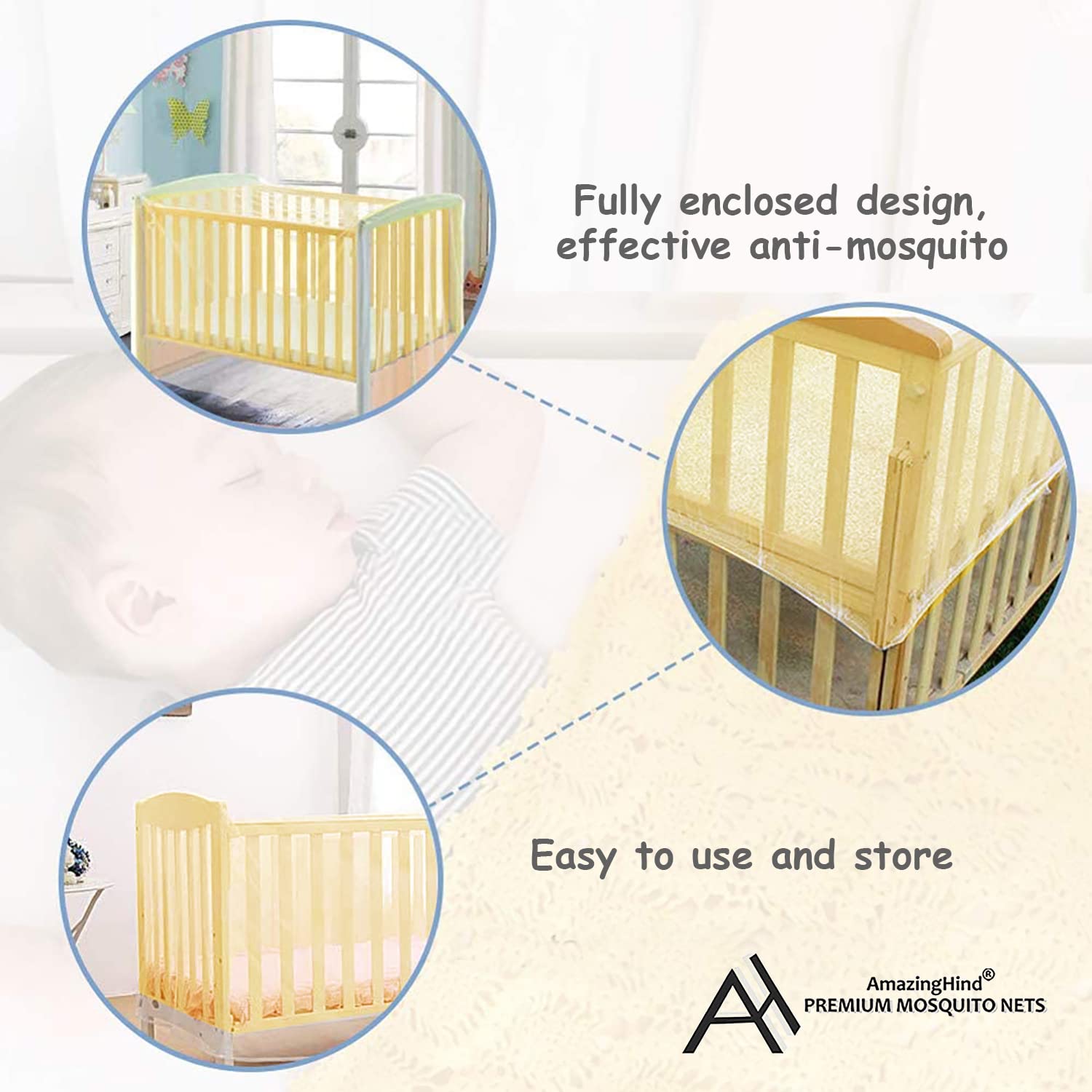 AmazingHind Mosquito Insect Net for Crib, Cot Bed with Zipper - Crib Climbing Prevention & Pet Barrier - Color: Peach (Crib Net)