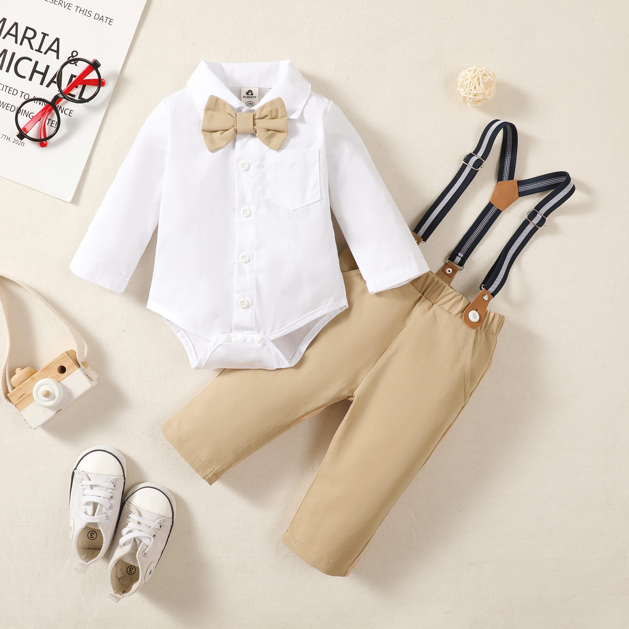 PURSKYY Baby Boy Dress Clothes 3-6 Months, Newborn Gentleman Outfit, Long Sleeves Shirt+ Bowtie+ Khaki Suspenders Pants, Fall Winter Infant Wedding Suit Set