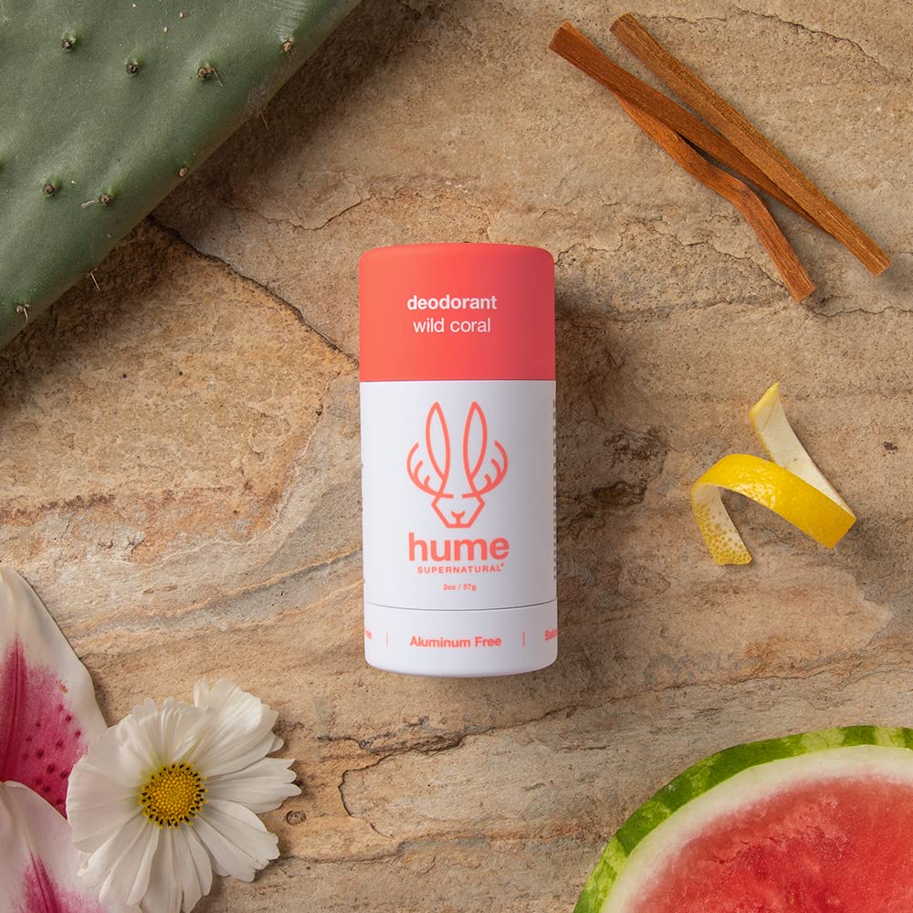 Hume Supernatural Aluminum Free Deodorant for Women & Men - Safe for Sensitive Skin - Probiotic, Plant-Based, Baking Soda Free, Aloe, & Cactus Flower, Anti Sweat, Stain & Odor – Wild Coral, 1-Pack