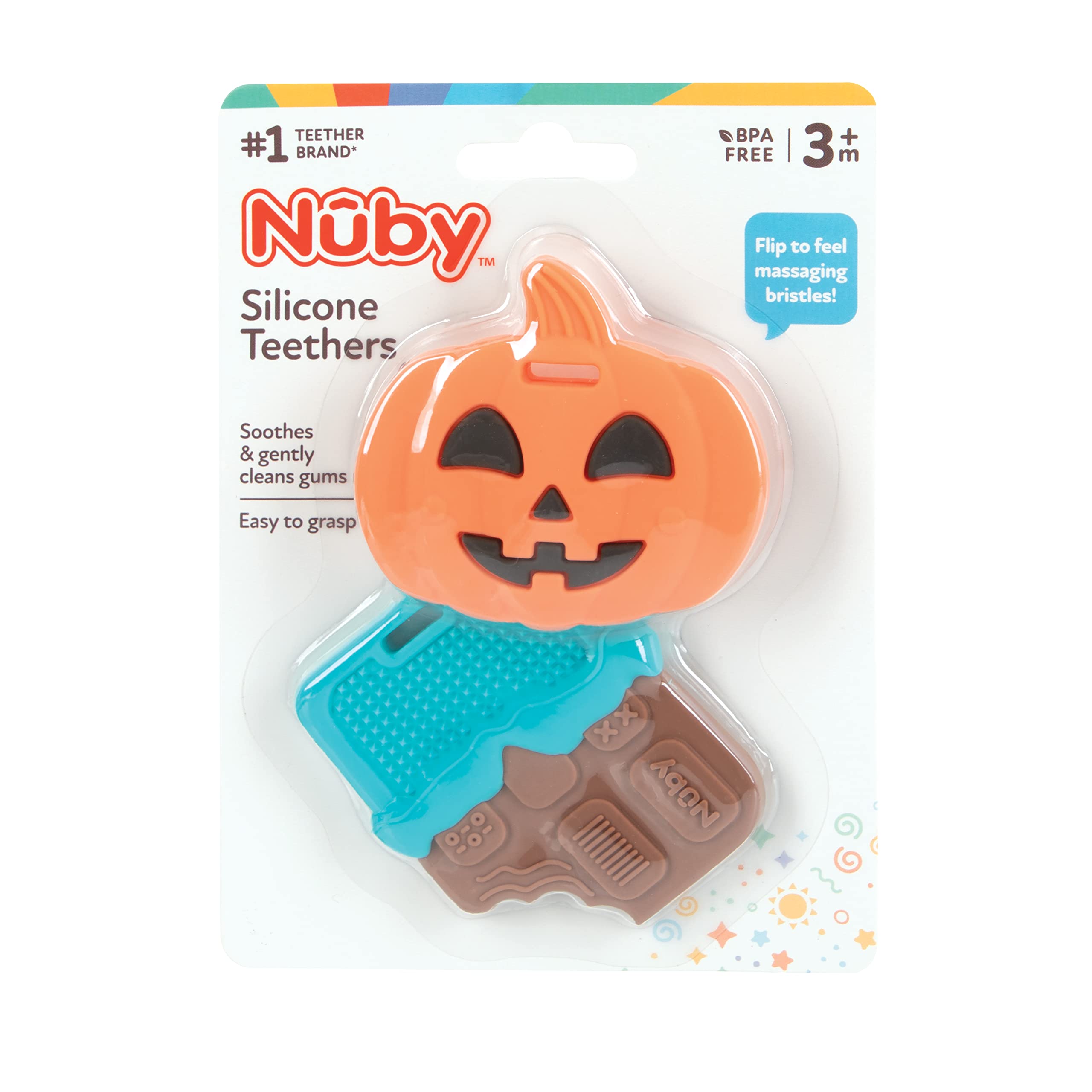 Nuby All Silicone Pumpkin & Chocolate Bar Teether – 2 Pack, 3+ Months