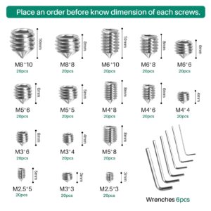 AJUER 320PCS Metric M2.5/3/4/5/6/8 304 Stainless Steel Allen Head Hex Socket Cone Point Set Screws,Internal Hex Drive Grub Screws,Tip Point Headless Set Screw Assortment Kit for Door Handle,Bathroom