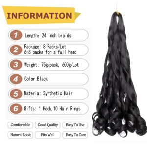 8 Packs French Curly Braiding Hair 24 Inch Loose Wave Spiral Curly Crochet Hair for Black Women Pre Stretched Braiding Hair with Curly Ends (24 Inch, 1B)