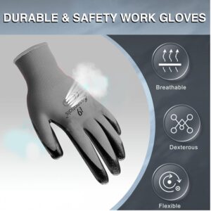 Multi-Purpose Work Gloves Large - Nitrile Coated Work Gloves for Men/women -Lightweight Safety work Gloves with grip for Woodworking, Gardening, Construction Work Gloves - Black & Grey,12 Pairs