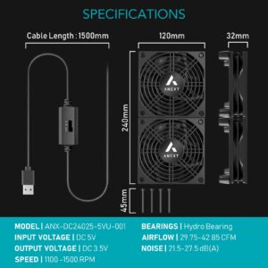 ANEXT Cooling Case Fan, USB Computer Fans, Cooling Fan for Receiver DVR Xbox TV Box Router 240mm x 120mm 5V USB Power