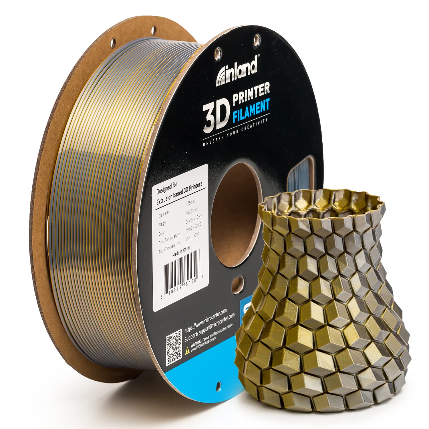 INLAND Micro Center Dual Color Silk PLA 3D Printer Filament 1.75mm - Gold to Gray Color Change - Coextrusion Silk Filament - Dimensional Accuracy +/- 0.03mm - 1kg Cardboard Spool (2.2 lbs)