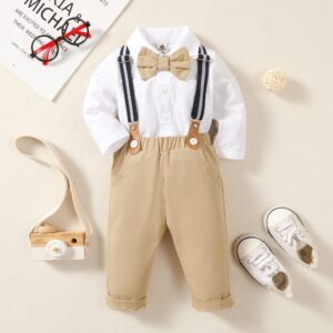 PURSKYY Baby Boy Dress Clothes 3-6 Months, Newborn Gentleman Outfit, Long Sleeves Shirt+ Bowtie+ Khaki Suspenders Pants, Fall Winter Infant Wedding Suit Set