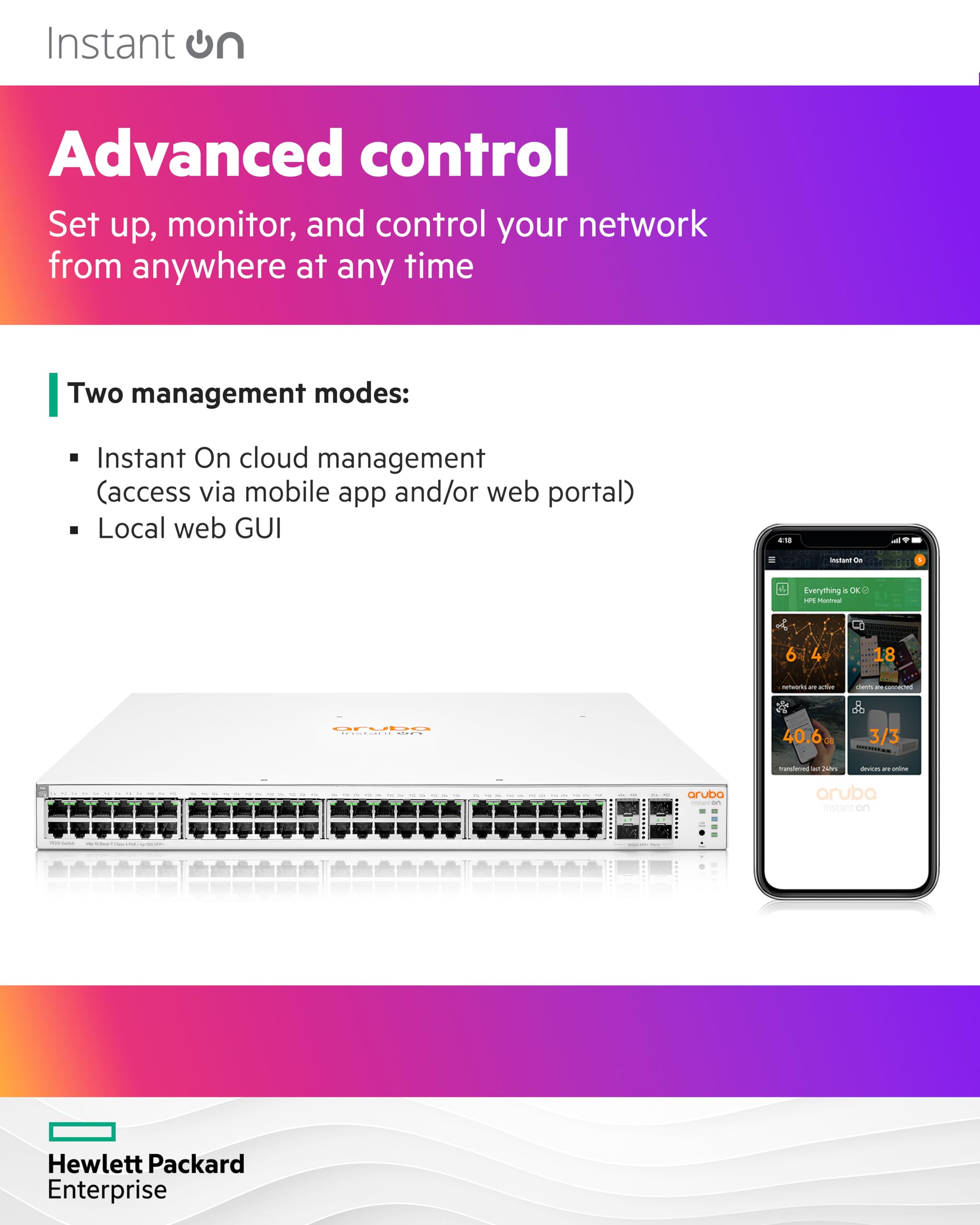 HPE Networking Instant On Switch Series 1930 48-Port Gb Smart-Managed Layer 2+ Ethernet Switch with PoE | 48x 1G | 4X SFP+ | 48x CL4 PoE 370W | US Cord (JL686B#ABA)