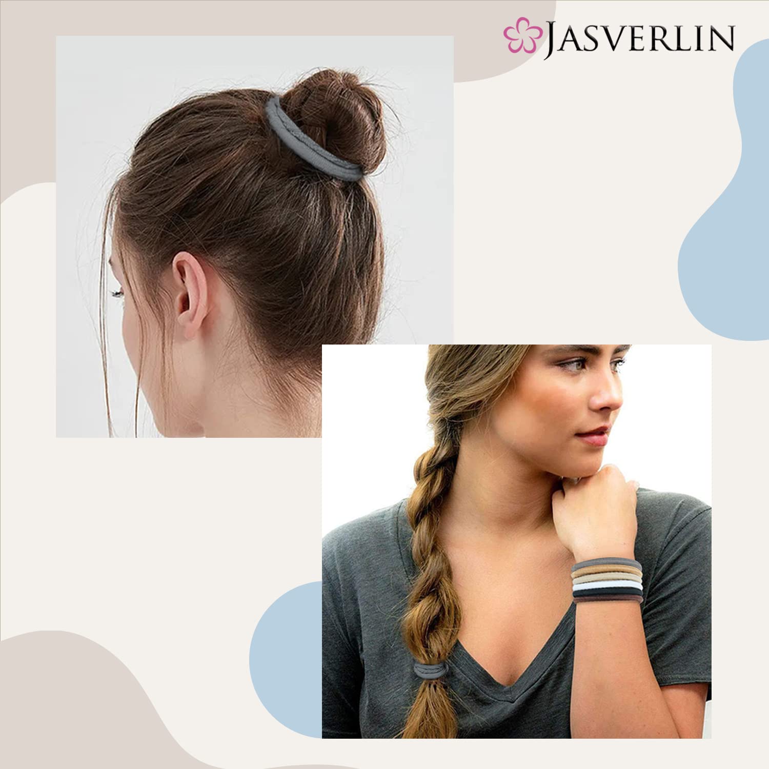 JASVERLIN Gray Hair Elastics Ties, No Metal Ponytail Holders for Women Girls Men Guys Thick Curly Hair Styling Accessories No Pull Damage Crease Breakage 50pcs (Gray)