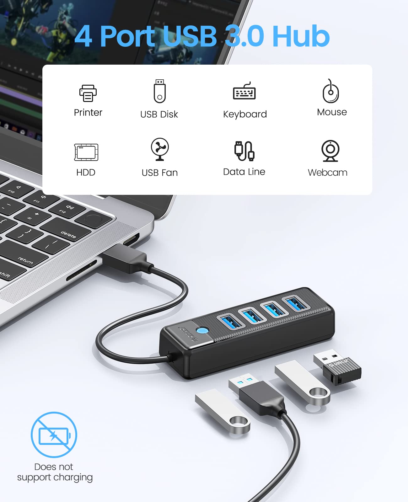 ORICO 4-Port USB HUB 3.0, USB Splitter for Laptop with 0.49ft Cable, Multi USB Port Expander, Fast Data Transfer Compatible with Mac OS 10.X and Above, Linux, Android-Black