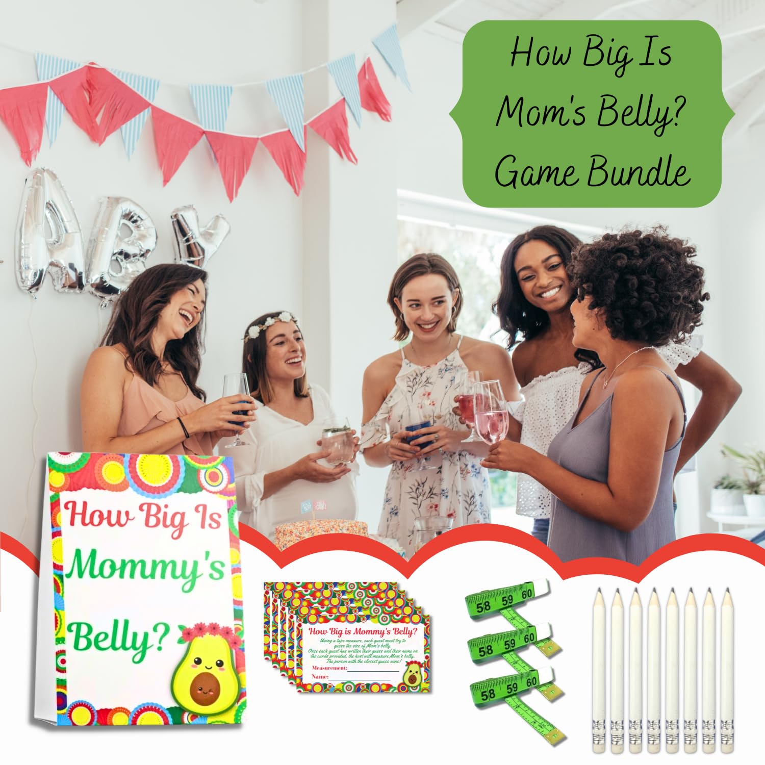 How Big is Mommys Belly Game cinta para medir la panza Measure the Belly Baby Shower Game 62 Piece for 50 Players Fiesta Avocado cielito lindo baby shower Game