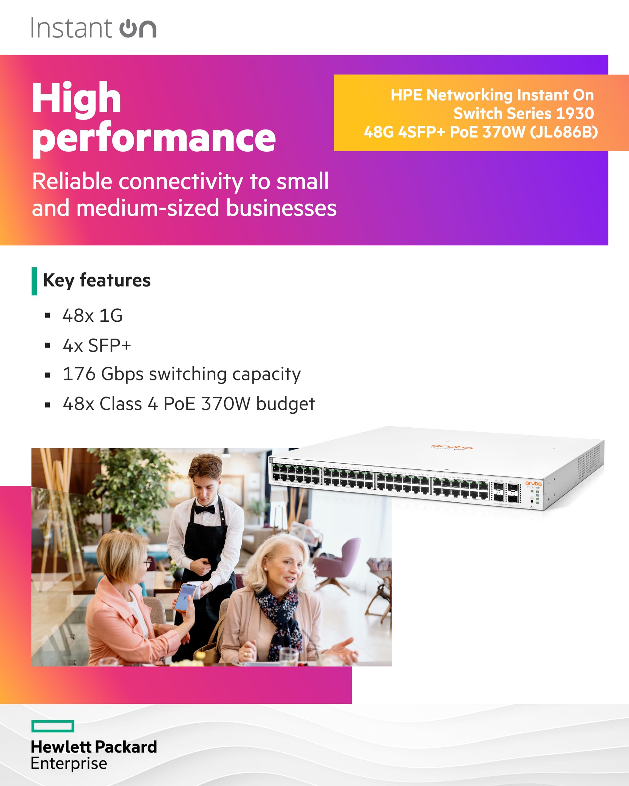 HPE Networking Instant On Switch Series 1930 48-Port Gb Smart-Managed Layer 2+ Ethernet Switch with PoE | 48x 1G | 4X SFP+ | 48x CL4 PoE 370W | US Cord (JL686B#ABA)