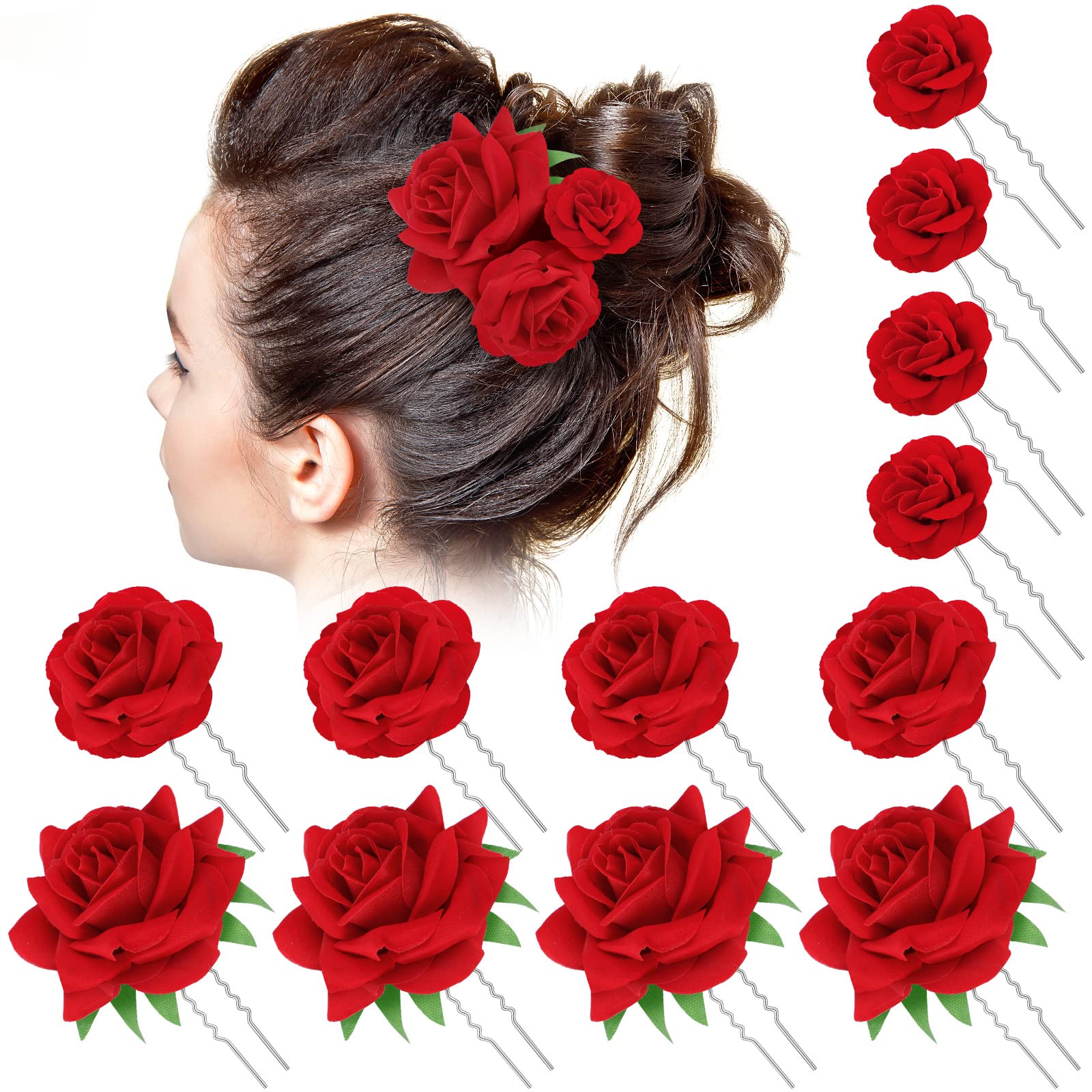 BBTO 12 Pcs Rose Hair Clip Mexican Hair Accessories for Flamenco Dancer Women Mexican Flowers Bridal Flower Hair Pins Hair Clips for Wedding Dance Birthday Bridesmaid(Large,Medium,Small,Red)