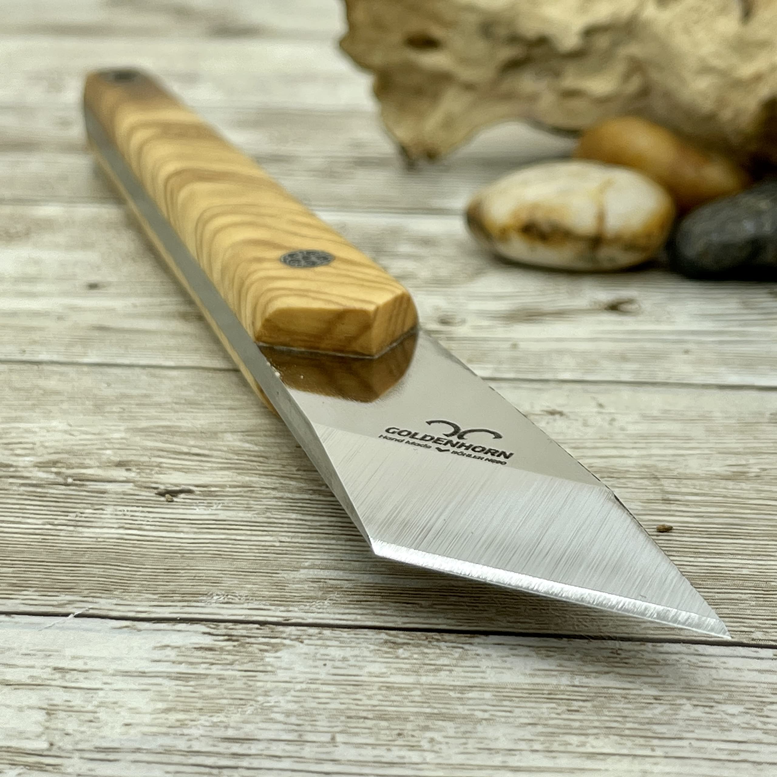 Kiridashi Knife, Japanese Wood Carving Knife 1/8 inch N690 Steel Blade Walnut or Olive Wood Handle with Leather Sheath (Olive Handle)