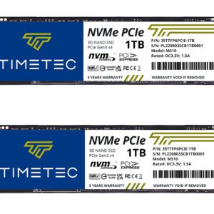 Timetec 1TBx2 (2 Pack) SSD NVMe PCIe Gen3x4 8Gb/s M.2 2280 3D NAND TLC 600TBW High Performance SLC Cache Read/Write Speed Up to 2,000/1,600 MB/s Internal Solid State Drive for PC Laptop and Desktop