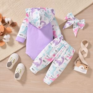 MINIFEIKO 6-12 Months Baby Girl Clothes Dinosaur Long Sleeve Hoodie Romper Bodysuit And Pants With Heaband 3Pcs Infant Girls Fall Winter Outfit Set(Purple Dino,6-12 Months)