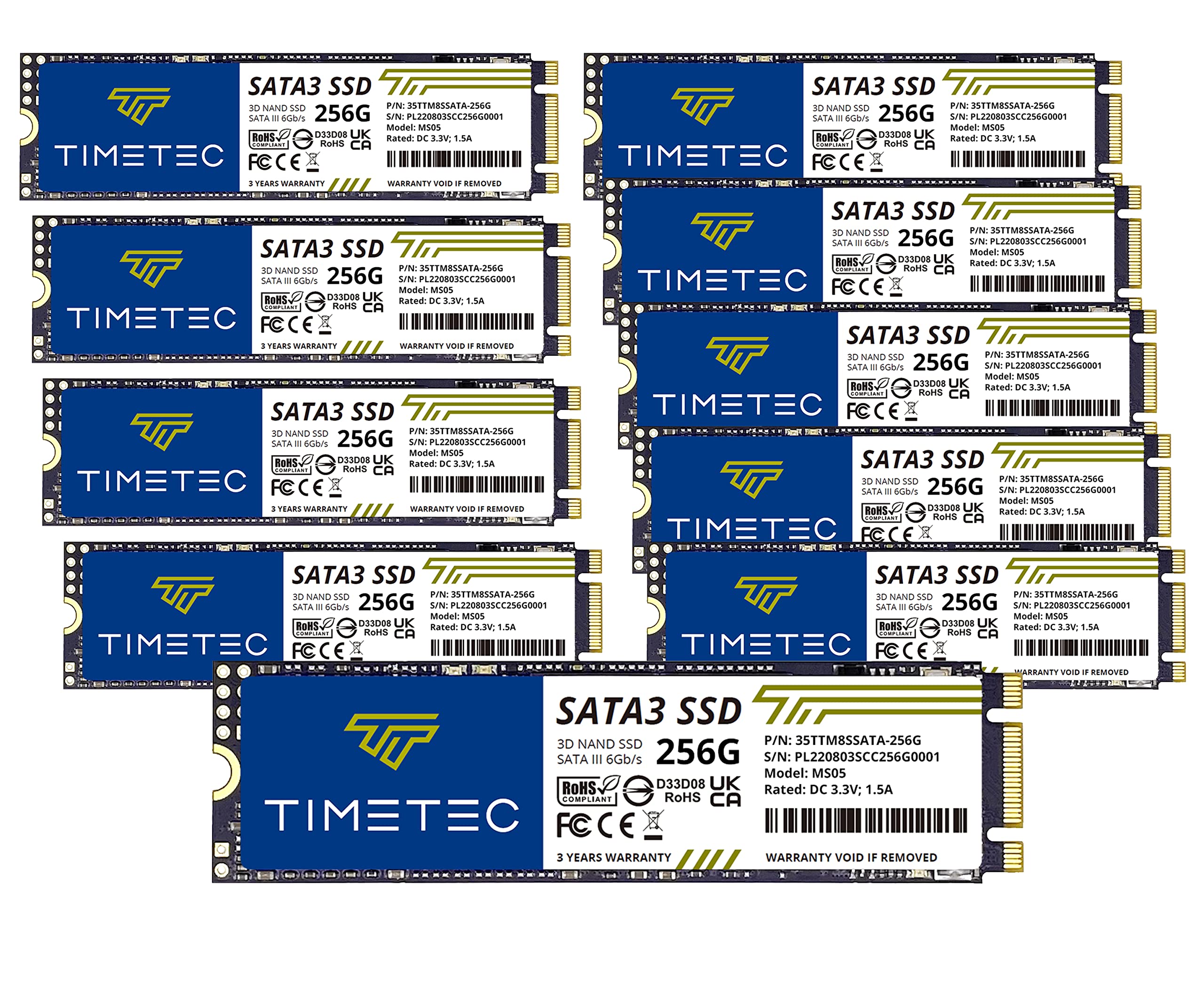 Timetec 256GBx10 (10 Pack) SSD 3D NAND TLC SATA III 6Gb/s M.2 2280 NGFF 128TBW Read Speed Up to 550MB/s SLC Cache Performance Boost Internal Solid State Drive for PC Computer Laptop and Desktop