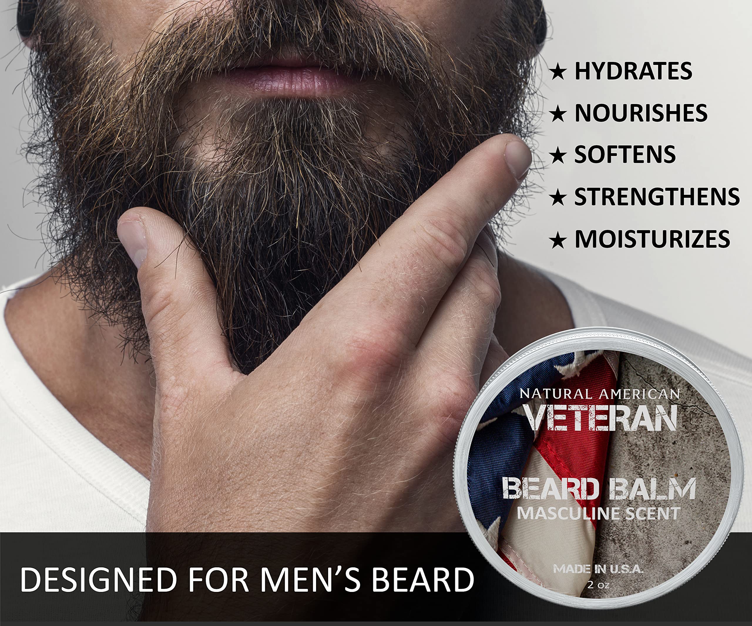 NATURAL AMERICAN VETERAN Beard Balm – 100% All Natural, Masculine Scent, Essential Oils with Organic Shea Butter – Moisturizes, Softens & Strengthens - Made in USA – Conditioning Beard Balm, 2 oz