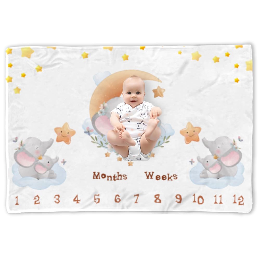 QICAIYUN Baby Milestone Monthly Blanket Elephant Desgin Twins Baby Month Blanket First Year Calendar Growth Chart Play Mat Large 60" x40'' Baby Photography Props YUNBTZT042