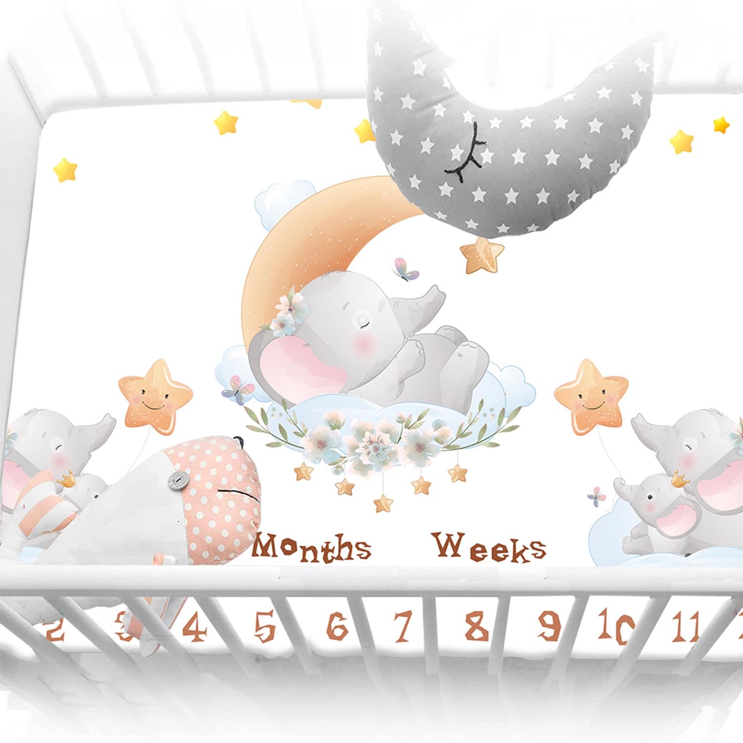 QICAIYUN Baby Milestone Monthly Blanket Elephant Desgin Twins Baby Month Blanket First Year Calendar Growth Chart Play Mat Large 60" x40'' Baby Photography Props YUNBTZT042