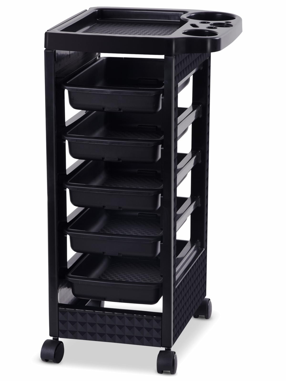 Paddie Black Salon Trolley Cart with Wheels/5 Drawers/Hair Dryer Holder/Tint Bowl Slot for Hair Stylist, Beauty Salon Equipment